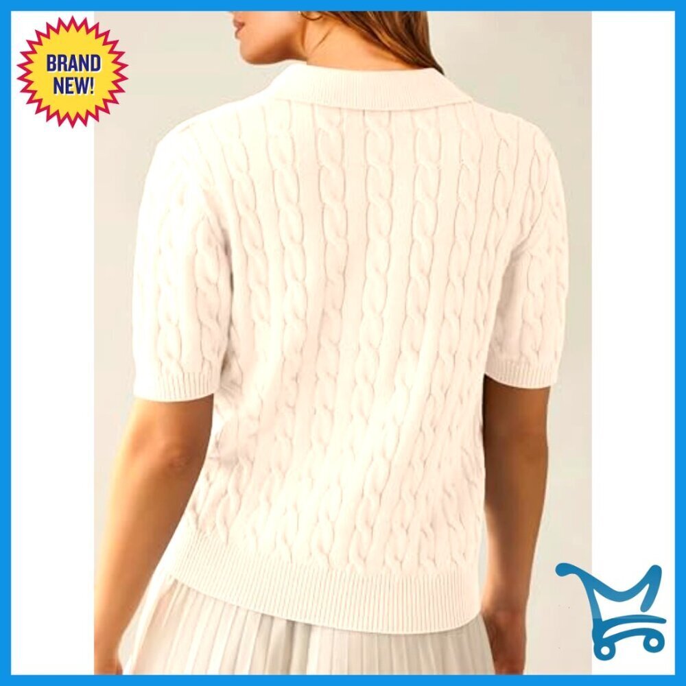Short Sleeve V Neck Cable Knit Sweater Top Loose Fit Casual Summer Pullover - Picture 4 of 7